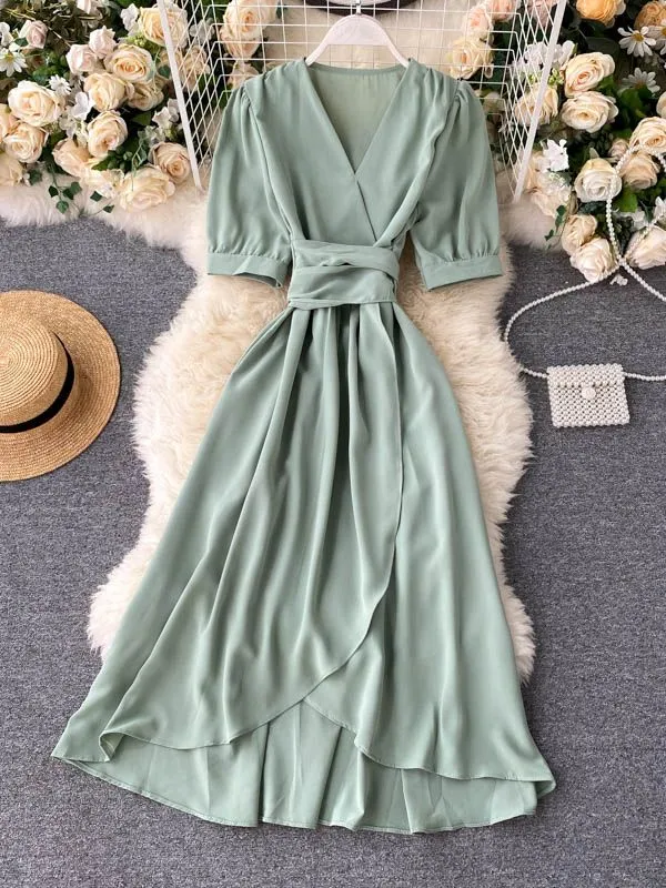 Women Ruffles Solid Color Chiffon Dress