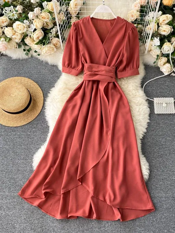 Women Ruffles Solid Color Chiffon Dress