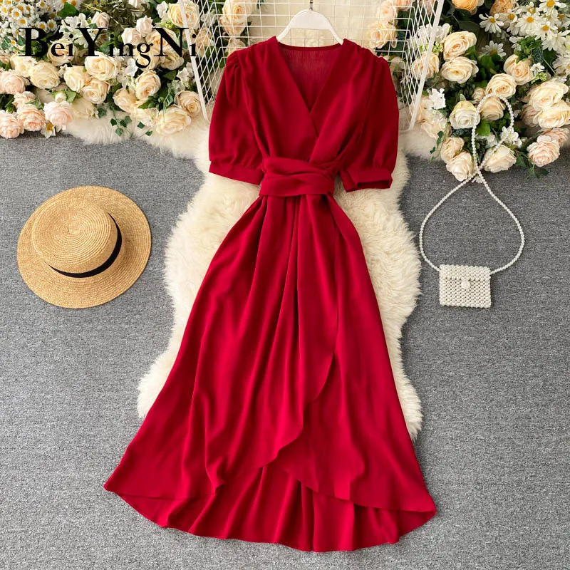 Women Ruffles Solid Color Chiffon Dress