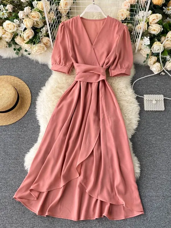 Women Ruffles Solid Color Chiffon Dress