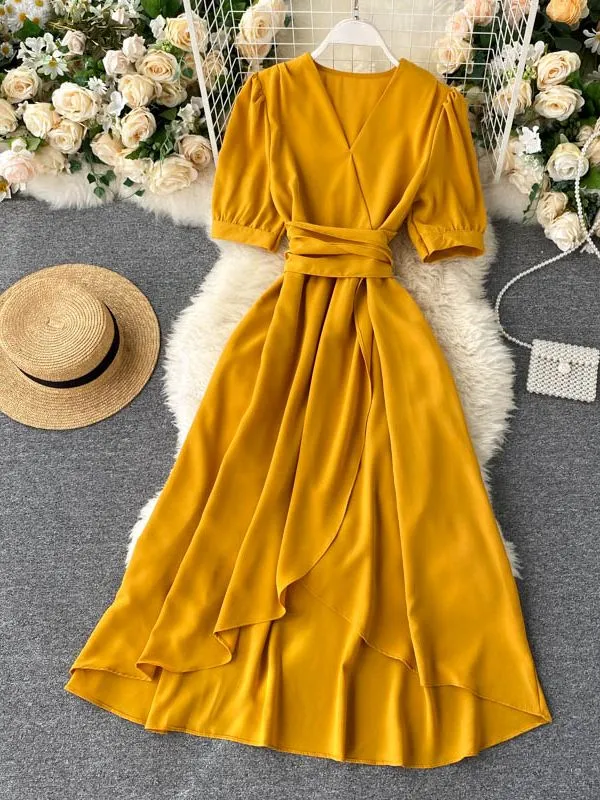 Women Ruffles Solid Color Chiffon Dress