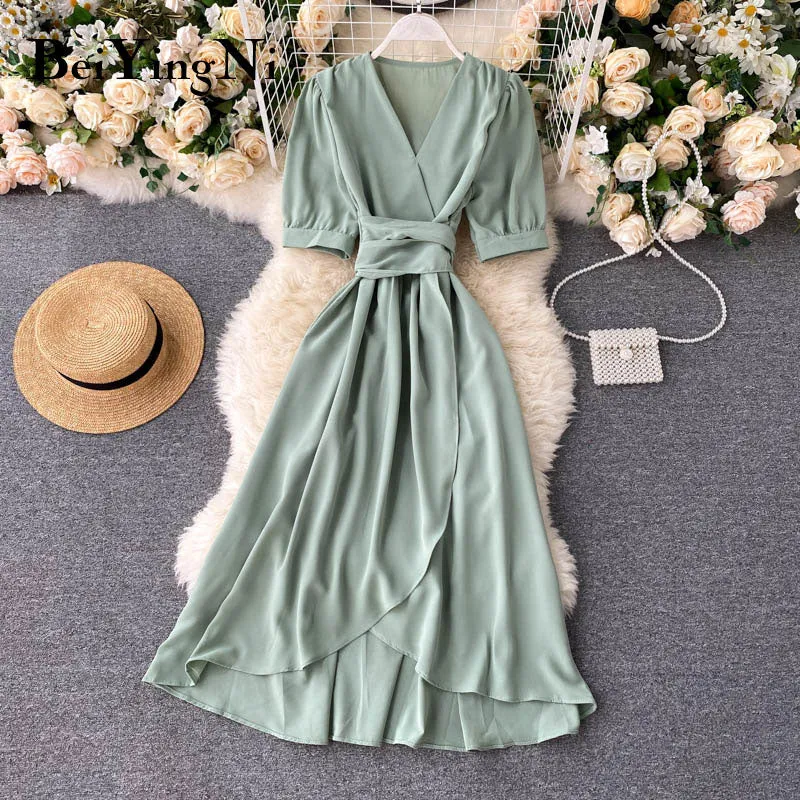 Women Ruffles Solid Color Chiffon Dress