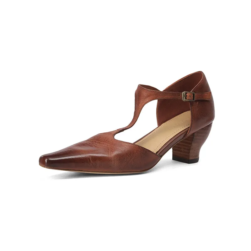 Women's 50mm Block Heel Leather T-strap Mary Jane Shoes For Summer in Brown/Black